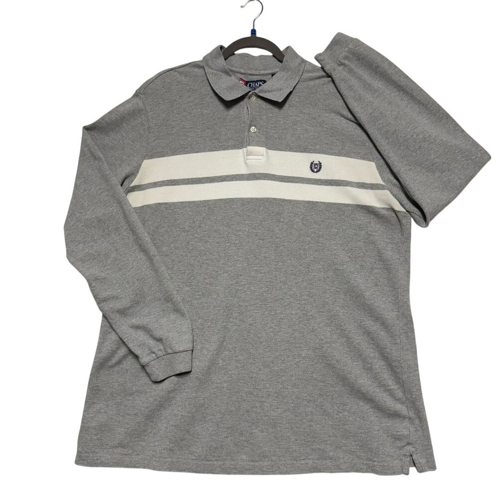 Chaps Mens 2XT Gray Long Sleeve Polo Shirt‎ With White Stripe 100% Cotton